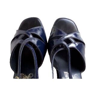VTG 70'S 80's HUSH PUPPIES ~ Navy Blue Patent Leather Strappy Sandals Heels